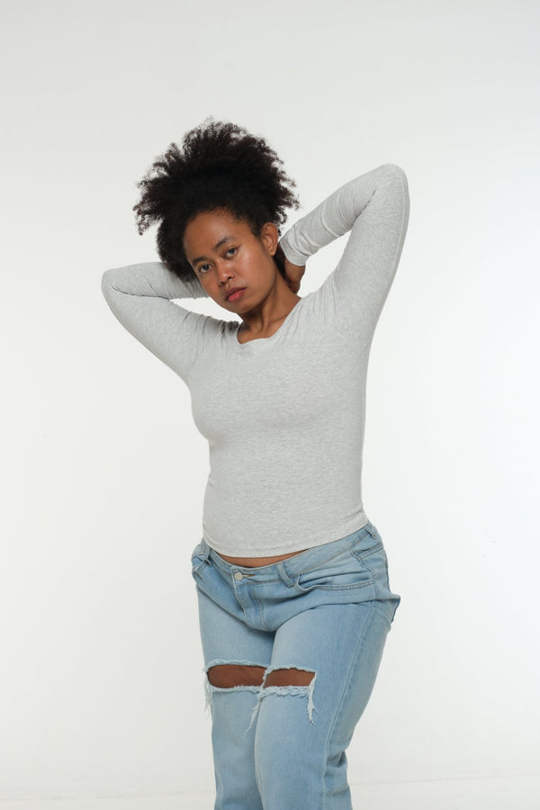 Soft Life Boat Neck Mid Crop Ecovero Top in Grey Marl - Manners London