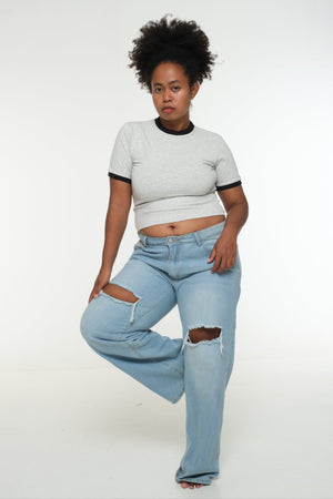 Soft Life Core Tee Mid Crop Ecovero i Top in Grey/ Marl and Black rib - Manners London