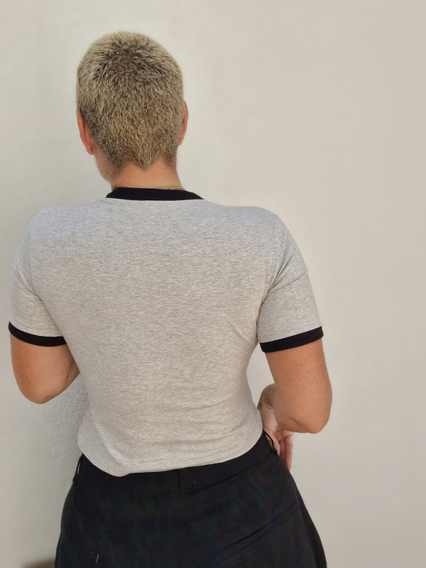 Soft Life Core Tee Mid Crop Ecovero i Top in Grey/ Marl and Black rib - Manners London
