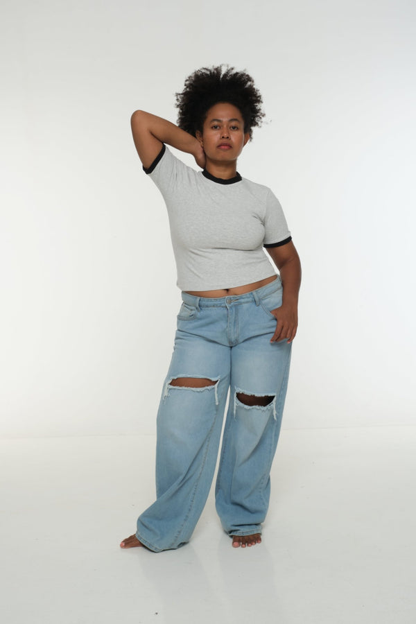 Soft Life Core Tee Mid Crop Ecovero i Top in Grey/ Marl and Black rib - Manners London