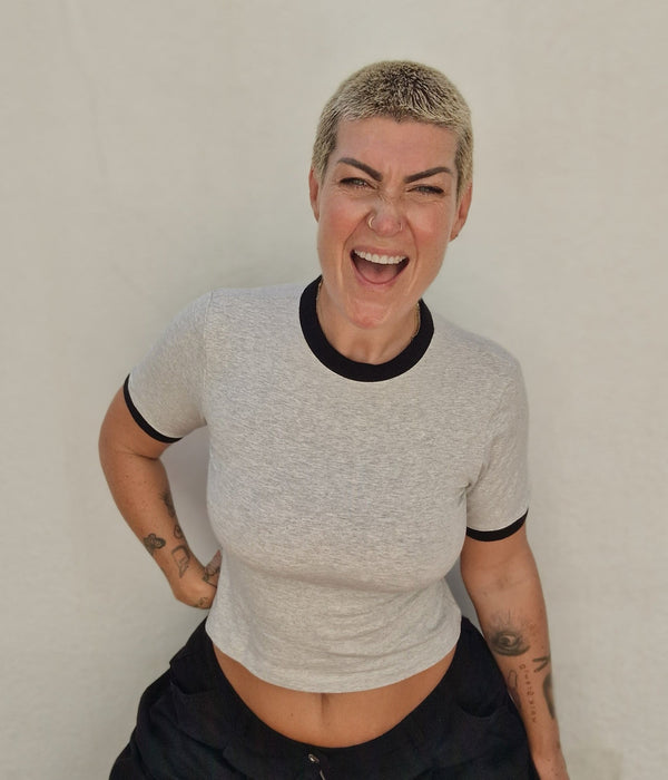 Soft Life Core Tee Mid Crop Ecovero i Top in Grey/ Marl and Black rib - Manners London