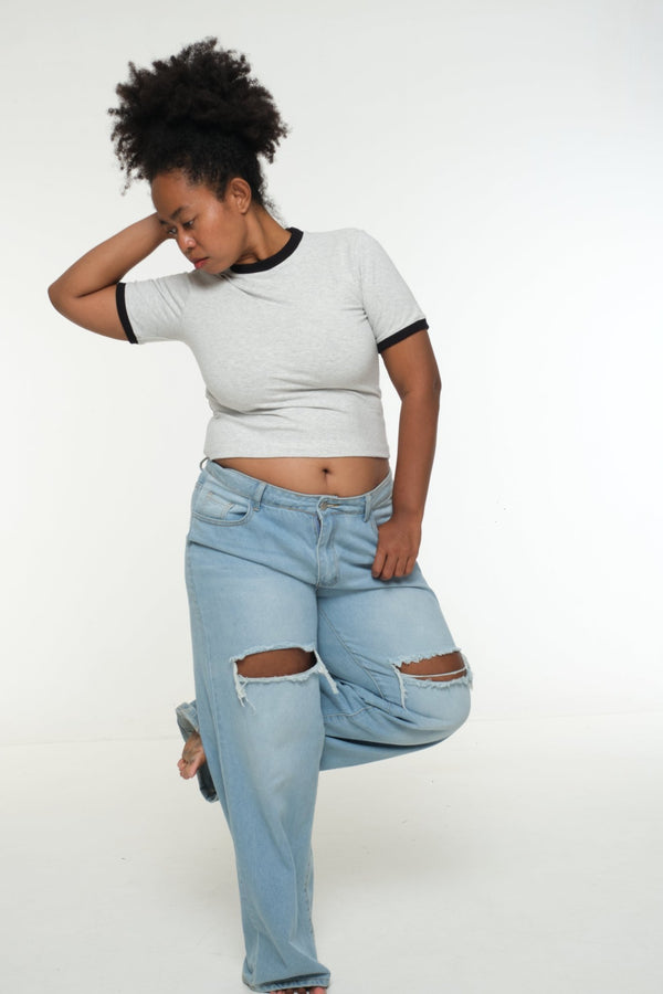 Soft Life Core Tee Mid Crop Ecovero i Top in Grey/ Marl and Black rib - Manners London