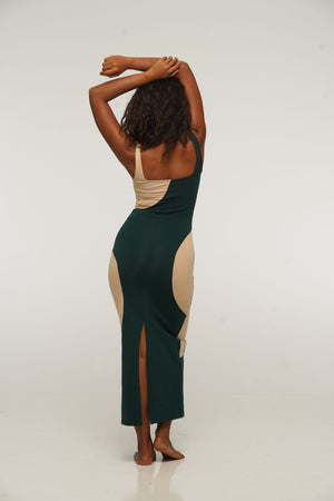 Square Neck Abstract Dress Midi in Forest Green and latte - Manners London