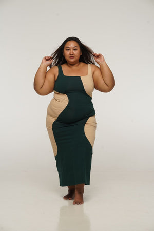 Square Neck Abstract Dress Midi in Forest Green and latte - Manners London