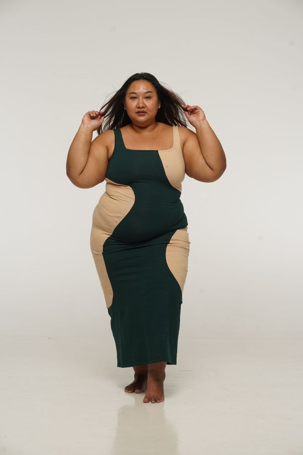 Square Neck Abstract Dress Midi in Forest Green and latte - Manners London