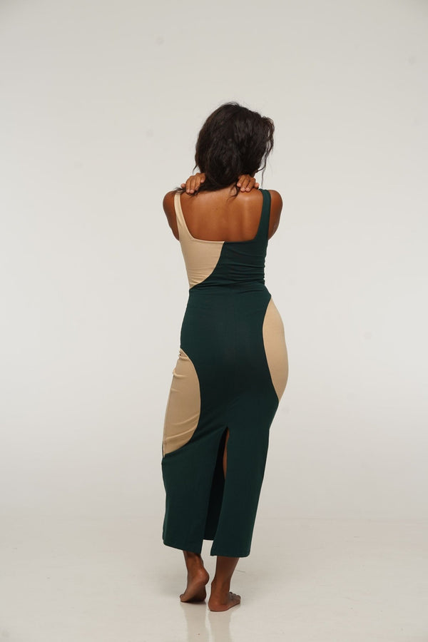 Square Neck Abstract Dress Midi in Forest Green and latte - Manners London