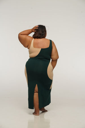 Square Neck Abstract Dress Midi in Forest Green and latte - Manners London