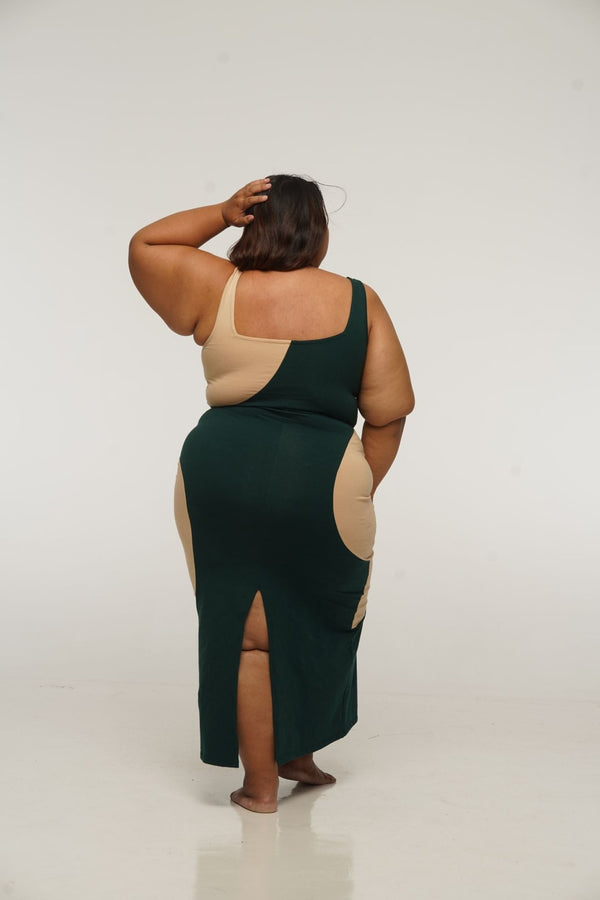 Square Neck Abstract Dress Midi in Forest Green and latte - Manners London