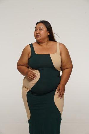 Square Neck Abstract Dress Midi in Forest Green and latte - Manners London