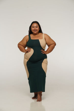 Square Neck Abstract Dress Midi in Forest Green and latte - Manners London