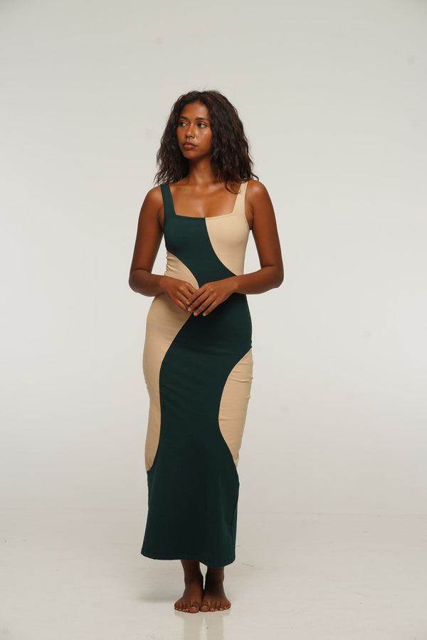 Square Neck Abstract Dress Midi in Forest Green and latte - Manners London