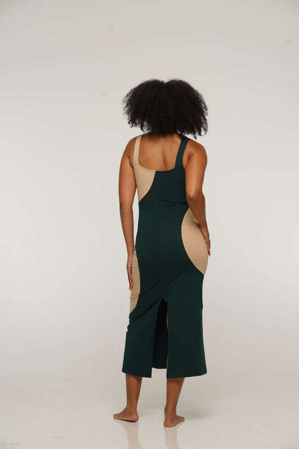 Square Neck Abstract Dress Midi in Forest Green and latte - Manners London