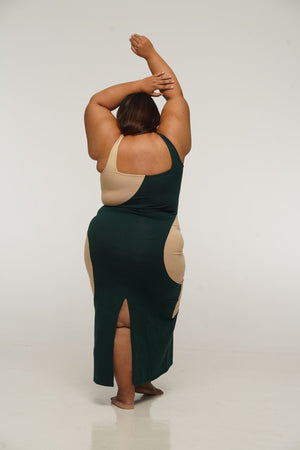Square Neck Abstract Dress Midi in Forest Green and latte - Manners London