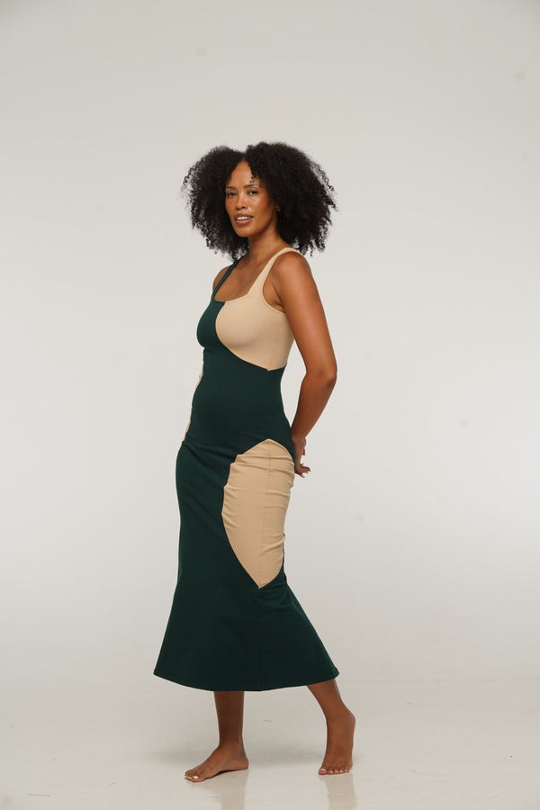 Square Neck Abstract Dress Midi in Forest Green and latte - Manners London