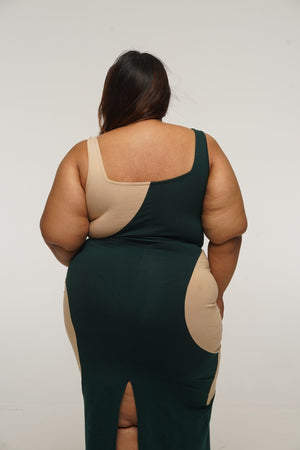 Square Neck Abstract Dress Midi in Forest Green and latte - Manners London