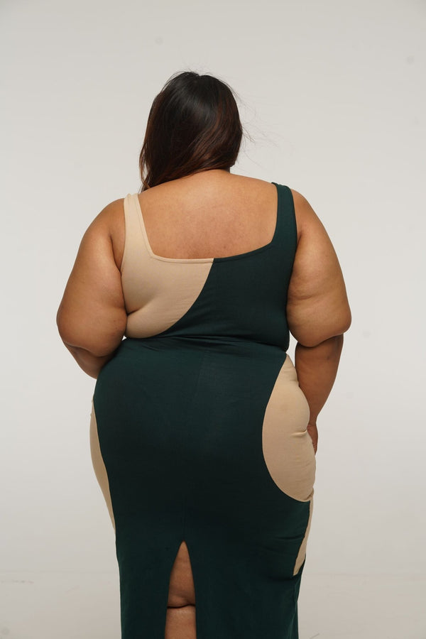 Square Neck Abstract Dress Midi in Forest Green and latte - Manners London