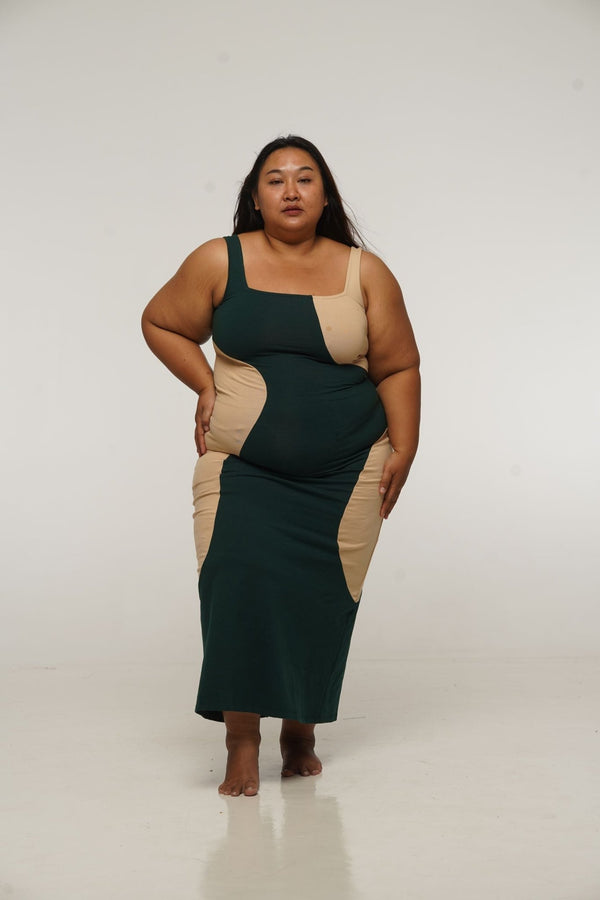 Square Neck Abstract Dress Midi in Forest Green and latte - Manners London