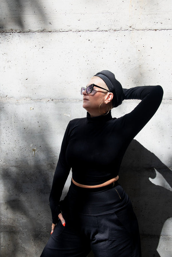 Turtle Neck Long Sleeve Crop Top with Hole in Black - Manners London