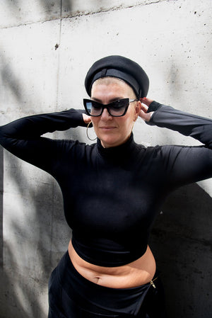 Turtle Neck Long Sleeve Crop Top with Hole in Black - Manners London