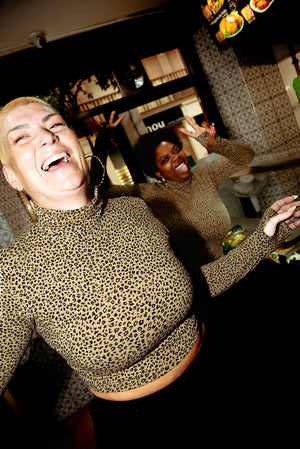 Turtle Neck Long Sleeve Crop Top with Hole in Classic Leopard - Manners London