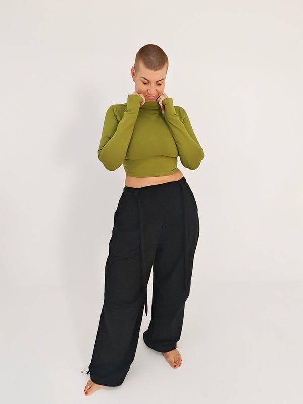 Turtle Neck Long Sleeve Crop Top with Hole in Guacomole - Manners London
