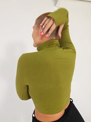 Turtle Neck Long Sleeve Crop Top with Hole in Guacomole - Manners London
