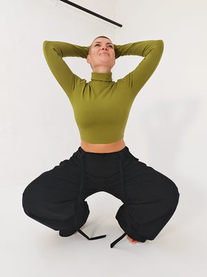 Turtle Neck Long Sleeve Crop Top with Hole in Guacomole - Manners London