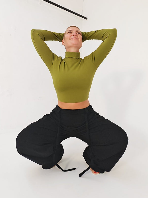 Turtle Neck Long Sleeve Crop Top with Hole in Guacomole - Manners London
