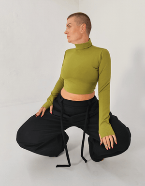 Turtle Neck Long Sleeve Crop Top with Hole in Guacomole - Manners London