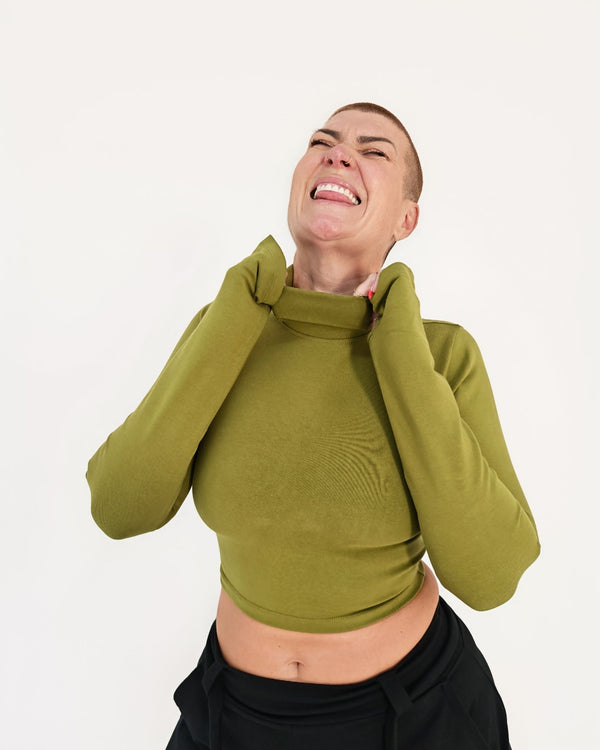 Turtle Neck Long Sleeve Crop Top with Hole in Guacomole - Manners London