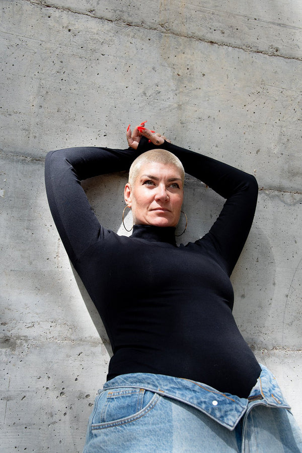 Turtle Neck Long Sleeve Full Length Top with Hole in Black - Manners London