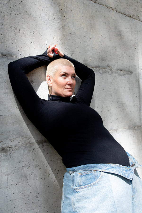 Turtle Neck Long Sleeve Full Length Top with Hole in Black - Manners London