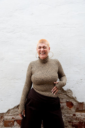 Turtle Neck Long Sleeve Full Length Top with Hole in Classic Leopard - Manners London