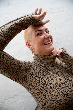 Turtle Neck Long Sleeve Full Length Top with Hole in Classic Leopard - Manners London
