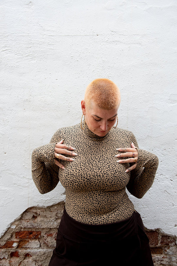 Turtle Neck Long Sleeve Full Length Top with Hole in Classic Leopard - Manners London