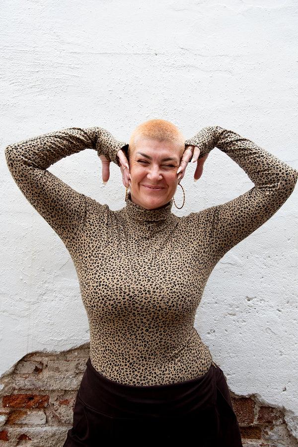Turtle Neck Long Sleeve Full Length Top with Hole in Classic Leopard - Manners London
