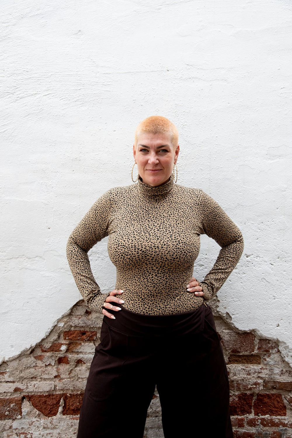 Turtle Neck Long Sleeve Full Length Top with Hole in Classic Leopard - Manners London