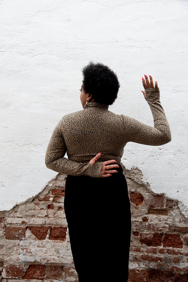 Turtle Neck Long Sleeve Full Length Top with Hole in Classic Leopard - Manners London