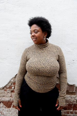Turtle Neck Long Sleeve Full Length Top with Hole in Classic Leopard - Manners London