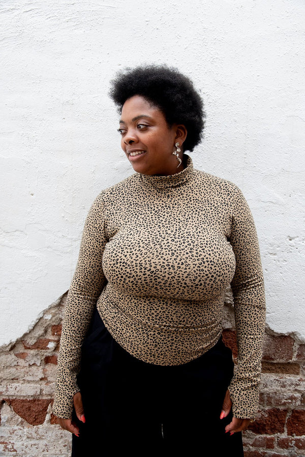 Turtle Neck Long Sleeve Full Length Top with Hole in Classic Leopard - Manners London