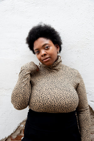 Turtle Neck Long Sleeve Full Length Top with Hole in Classic Leopard - Manners London