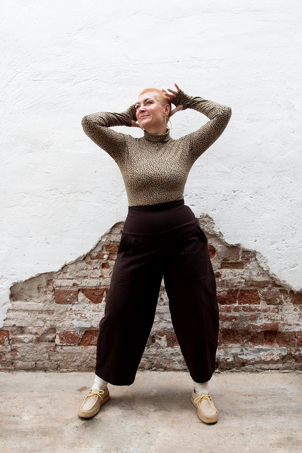 Turtle Neck Long Sleeve Full Length Top with Hole in Classic Leopard - Manners London