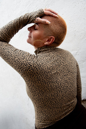 Turtle Neck Long Sleeve Full Length Top with Hole in Classic Leopard - Manners London