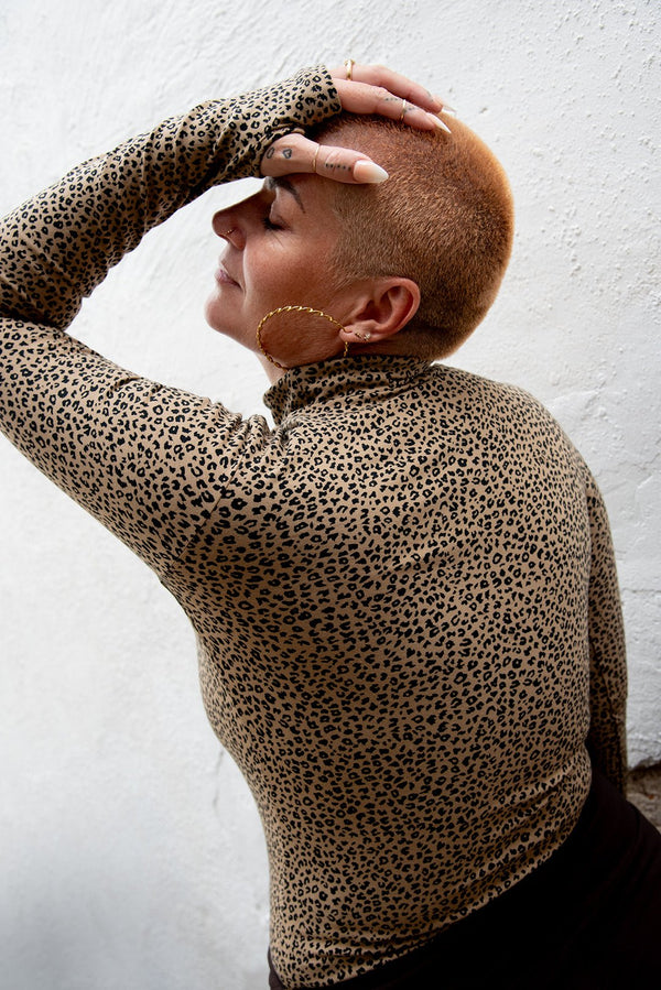 Turtle Neck Long Sleeve Full Length Top with Hole in Classic Leopard - Manners London