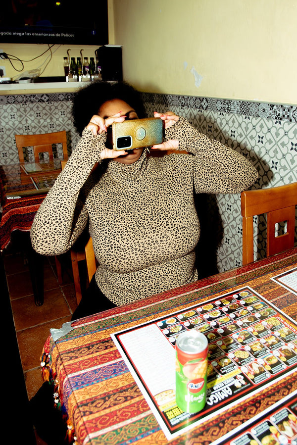 Turtle Neck Long Sleeve Full Length Top with Hole in Classic Leopard - Manners London