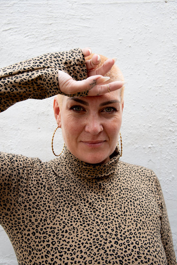 Turtle Neck Long Sleeve Full Length Top with Hole in Classic Leopard - Manners London