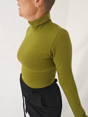 Turtle Neck Long Sleeve Full Length Top with Hole in Guacomole - Manners London