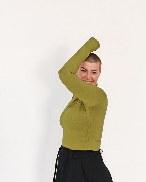 Turtle Neck Long Sleeve Full Length Top with Hole in Guacomole - Manners London