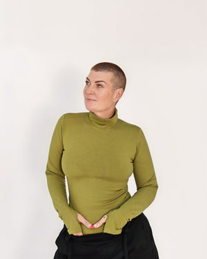 Turtle Neck Long Sleeve Full Length Top with Hole in Guacomole - Manners London