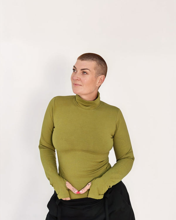 Turtle Neck Long Sleeve Full Length Top with Hole in Guacomole - Manners London